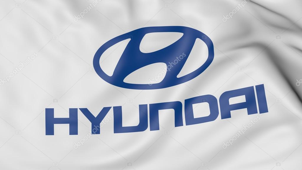Close up of waving flag with Hyundai logo, United States