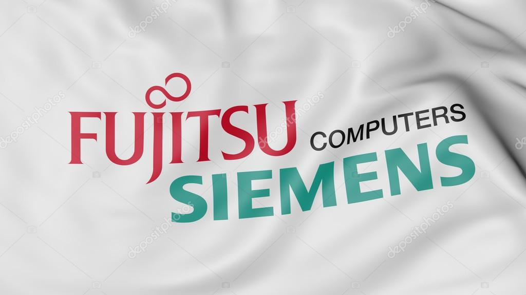 Close up of waving flag with Fujitsu Siemens Computers logo, United States