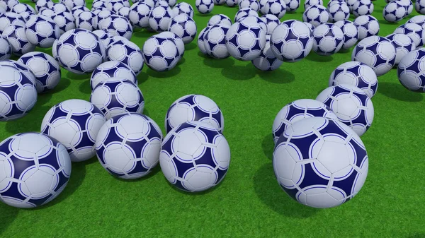 Viele Fußballbälle rollen und hüpfen auf dem grünen Rasenplatz. 3D-Darstellung — Stockfoto