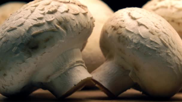 Champiñones crudos en tabla de cortar de madera. 4K largo tiro de la cacerola — Vídeos de Stock