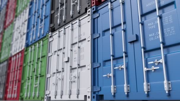 Grote vrachtcontainer werf. Moderne logistiek. 4k naadloze loop bare Dolly clip, ondiepe focus, ProRes — Stockvideo