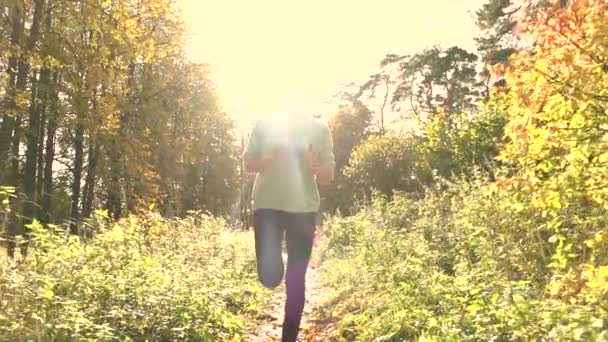 Linda chica morena con cola de caballo corriendo en el bosque de otoño. Día soleado, sol ardiente. Super cámara lenta steadicam disparo — Vídeos de Stock