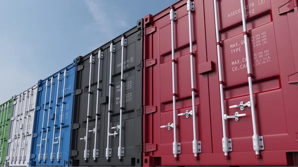 Múltiples contenedores de carga contra el cielo azul, representación 3D —  Fotos de Stock