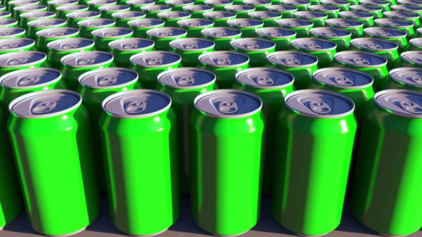 Latas de alumínio verde genérico. Refrigerantes ou produção de cerveja. Reciclagem de embalagens. Renderização 3D — Fotografia de Stock