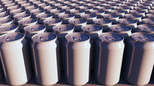 Κενό λευκό αλουμίνιο δοχεία στο ηλιοβασίλεμα. Αεριούχα ποτά ή παραγωγή μπύρας. Ανακύκλωση συσκευασιών. 3D rendering — Φωτογραφία Αρχείου