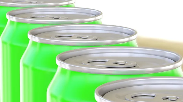 Green aluminum cans moving on conveyor. Soft drinks or beer production line. Recycling packaging. 3D rendering — Stock Photo, Image