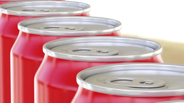 Generiska röd aluminiumburkar flytta på transportband. Läsk eller öl produktionslinje. Återvinning av förpackningar. 3D-rendering — Stockfoto
