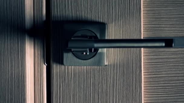 Opening modern interior door, dark background. Unknown and obscurity concept, 4K racking focus close up shot — Stock video