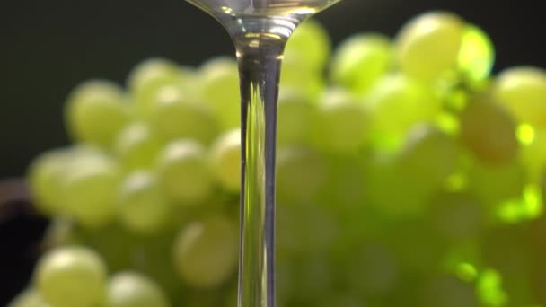 Copo de vinho branco e um monte de uvas verdes. Conceito de adega ou vinificação. 4K close up de vídeo — Vídeo de Stock