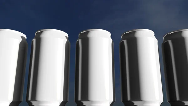 White cans against sky at sunset. Soft drinks or beer for party. Beach bar. 3D rendering — Stock fotografie