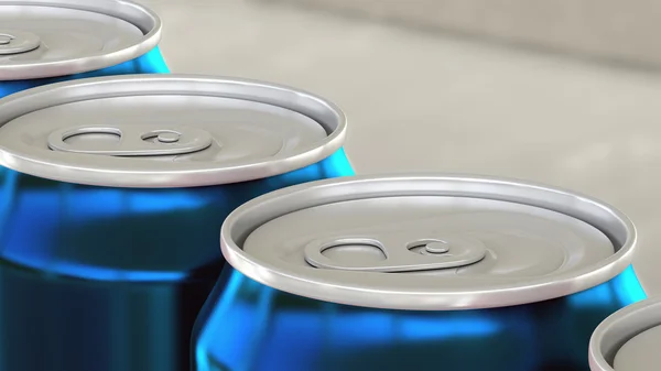 Linea di produzione di bibite gassate o birra. Taniche in alluminio blu su trasportatore industriale. Riciclaggio imballaggi ecologici. Rendering 3D — Foto Stock