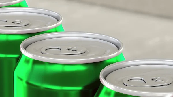 Linha de produção de refrigerante, refrigerante ou cerveja. Latas de alumínio verde em transportador industrial. Reciclagem de embalagens ecológicas. Renderização 3D — Fotografia de Stock