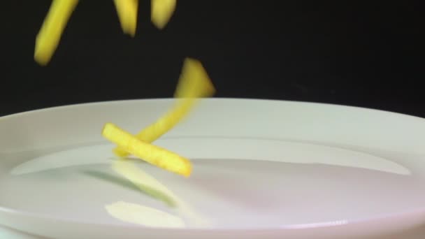 Pouring golden french fries on the plate. Popular fast food, deep fried potato chips. Super slow motion video — Αρχείο Βίντεο