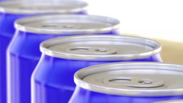 Blue cans on conveyor. Soft drinks or beer production line. Recycling packaging. 4K seamless loop dolly clip, shallow focus — Αρχείο Βίντεο