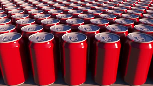 Red cans with no logo at sunset. Soft drinks or beer for party. Recycling packaging. 4K seamless loop dolly clip — ストック動画