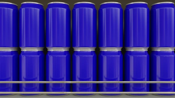 Fileiras de latas azuis no supermercado. Refrigerantes ou cerveja na prateleira do supermercado. Embalagem de reciclagem moderna. Renderização 3D — Fotografia de Stock