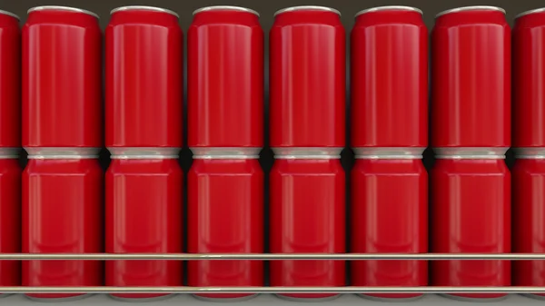 Rote Dosen ohne Logo im Supermarkt. Erfrischungsgetränke oder Bier im Lebensmittelregal. moderne Recyclingverpackungen. 3D-Darstellung — Stockfoto