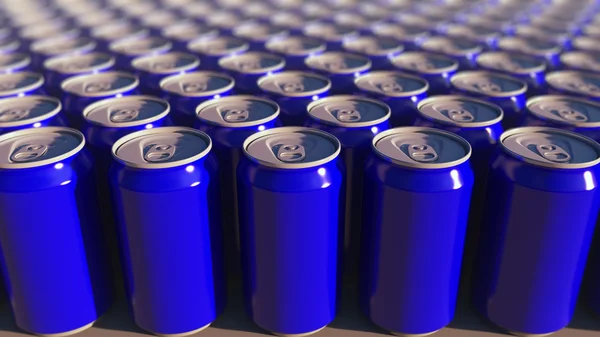 Várias latas de alumínio azul, foco superficial. Refrigerantes ou produção de cerveja. Reciclagem de embalagens. Renderização 3D — Fotografia de Stock