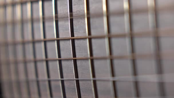 Tremolanti corde di chitarra contro il tasto. Spettacolo. Macro video 4K — Video Stock