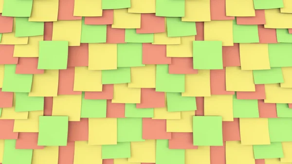 Pegatinas de papel multicolor en la pared. Conceptos de trabajo de oficina o recordatorio. Renderizado 3D — Foto de Stock