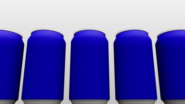 Latas azules simplificadas sobre fondo blanco. Producción de refrescos o cerveza. Clip de muñeca enrollable sin costura 4K, versión de dibujos animados — Vídeo de stock