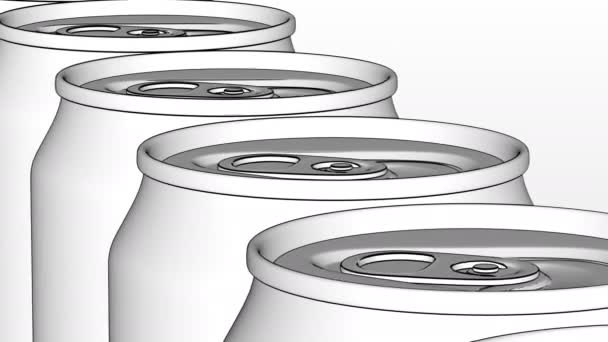 Frisdrank of bier productielijn. Witte generieke aluminium blikjes op industriële transportband. Recycling ecologische verpakking. 4 k naadloze loopbare clip, cartoonversie — Stockvideo