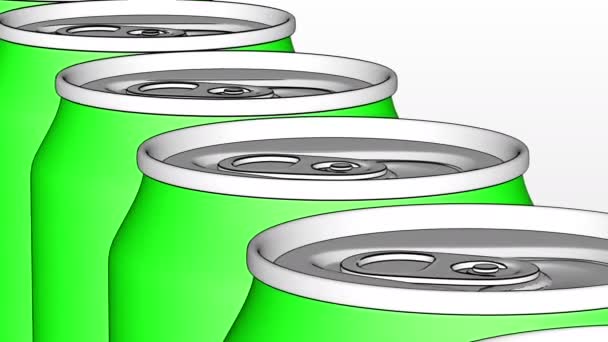 エネルギー ドリンクやビール製造ライン。グリーンは、工業用コンベアを缶します。生態包装をリサイクルしています。4 k のシームレスなループ可能クリップ、漫画版 — ストック動画