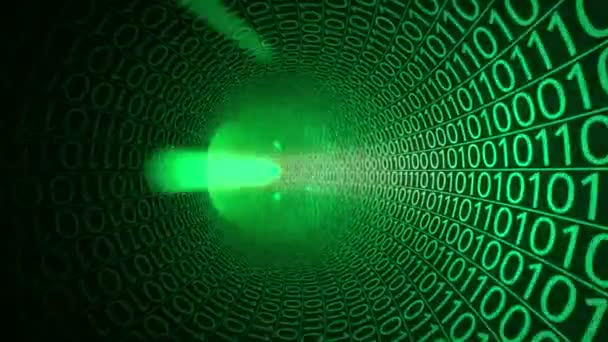 Полет через абстрактный зеленый туннель с нулями и единицами. Хай-тек движения фон. Это цифровые технологии, бинарная передача данных. Клип 4K без шнурков — стоковое видео