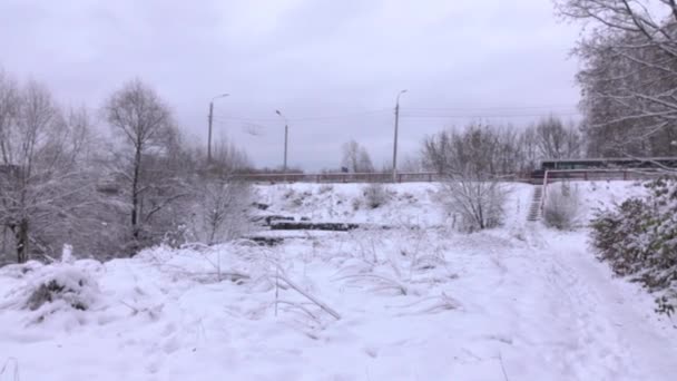 Autobus in movimento sul ponte invernale nella bellissima foresta innevata 4K pan shot — Video Stock