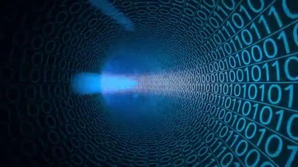0 と 1 で作られた抽象的な青いトンネルを通ってハメ撮り飛行。ハイテク モーション背景。コミュニケーション、バイナリ データの転送、デジタル技術の概念。4 k シームレス ループ クリップ — ストック動画