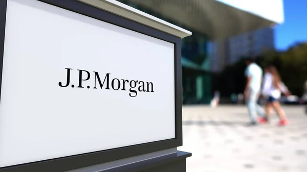 J.p.摩根公司徽标街头告示板。模糊的办公中心和步行的人背景。编辑 3d 渲染 — 图库照片