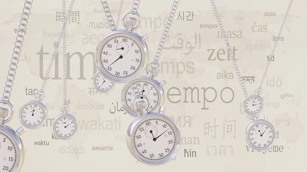 Balancer des chronomètres rétro contre les mêmes légendes dans de nombreuses langues. Concepts d'heure, de transition et de fuseau horaire — Photo