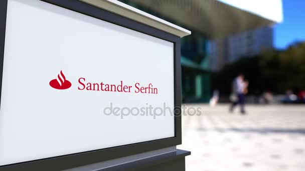 Cartelera con logo Santander Serfin. Centro de oficina borrosa y gente caminando fondo. Representación editorial 4K 3D — Vídeos de Stock