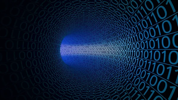 Terbang melalui terowongan biru abstrak yang dibuat dengan nol dan satu. Latar belakang modern. Komputer, transfer data biner, konsep teknologi digital. Perender 3D — Stok Foto
