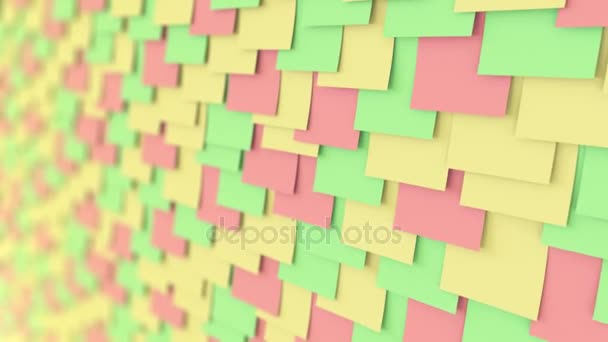 Autocollants multicolores sur le mur. Papier de bureau ou concepts de mémo. 4K boucle transparente fermer clip poupée, mise au point peu profonde — Video