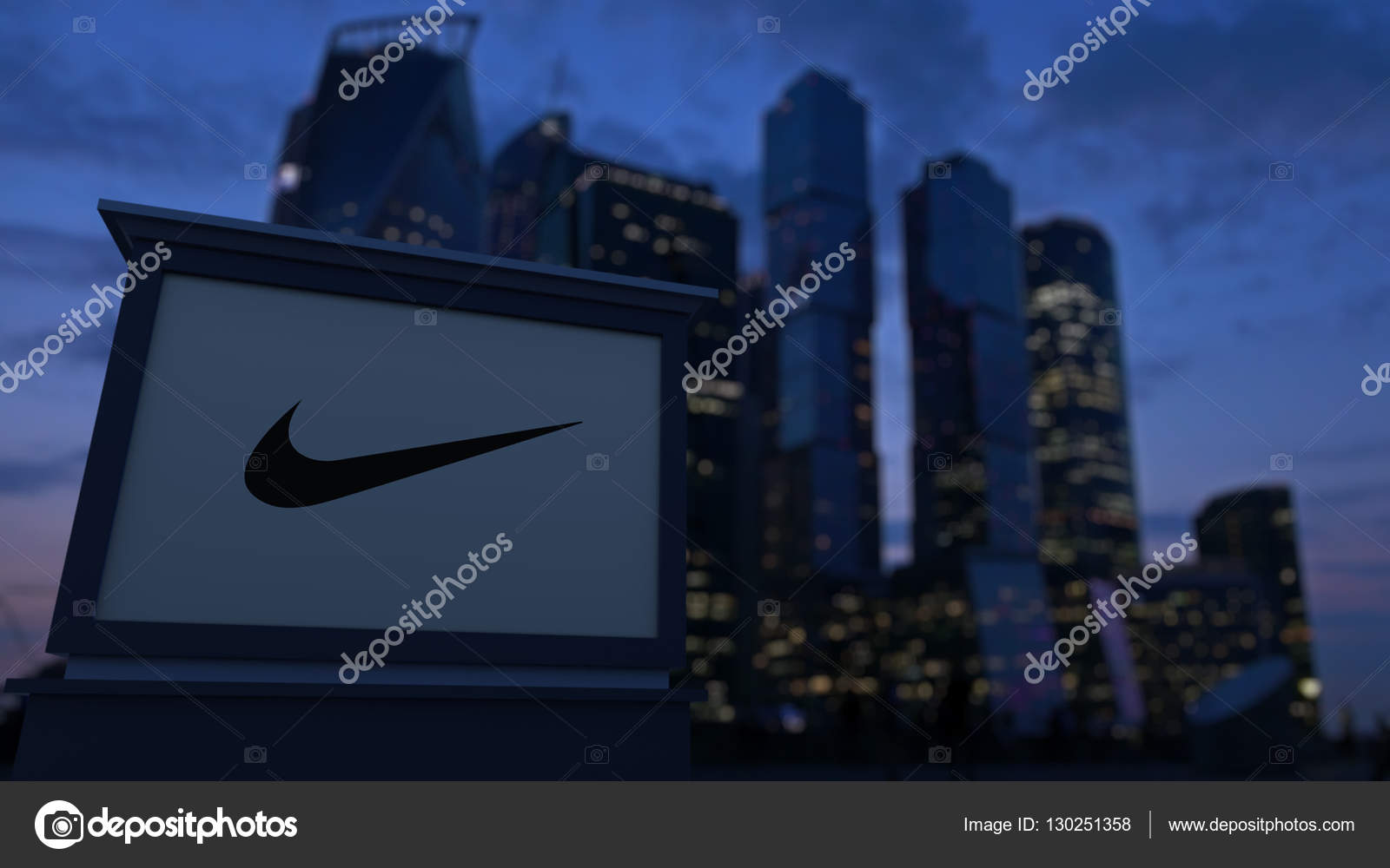 Street signage board with Nike logo in the evening. business district background. Editorial 3D rendering – Stock Editorial Photo © alexeynovikov #130251358