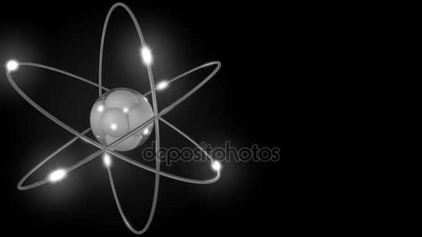 Grey stylized atom and electron orbits. Scientific motion background with free space for inscriptions. Nuclear, physics, atomic, science concepts. 4K seamless loop animation — Stock Video