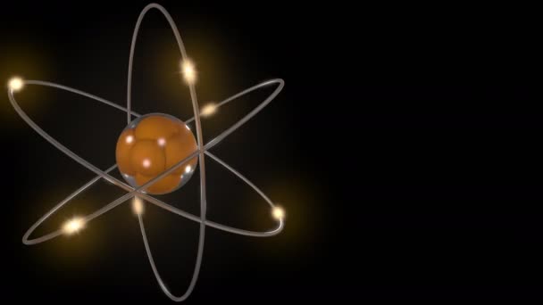 Orange stylized atom and electron orbits. Scientific motion background with free space for inscriptions. Nuclear, physics, atomic, science concepts. 4K seamless loop animation — Stock Video