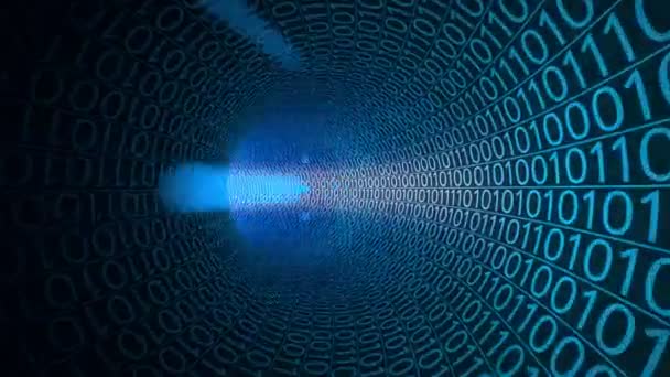 Deeltjes bewegen door abstracte blauwe tunnel gemaakt met nullen en enen. Computers, gegevensoverdracht, digitale technologieën concepten. 4 k naadloze loops animatie — Stockvideo
