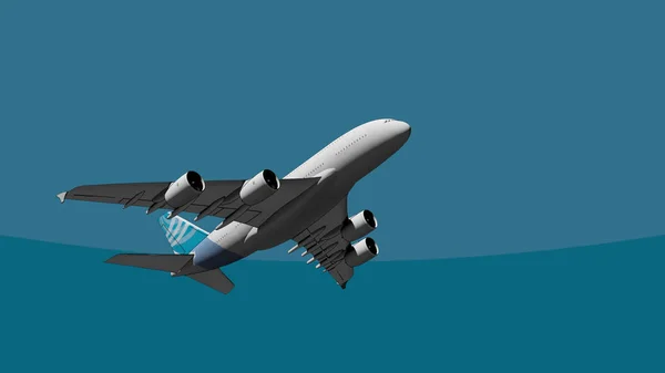 O maior avião de quatro motores do mundo subindo no céu 3D renderização, estilo cartoon. Transporte, peso pesado, conceitos de turismo — Fotografia de Stock