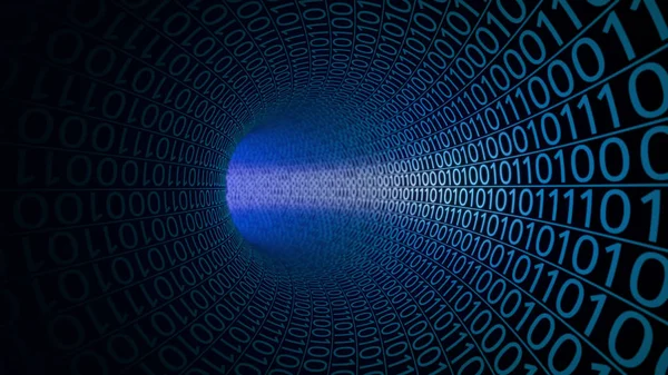Terowongan biru abstrak dibuat dengan angka nol dan satu. Latar belakang teknologi tinggi. IT, transfer data biner, konsep teknologi digital. Perender 3D — Stok Foto