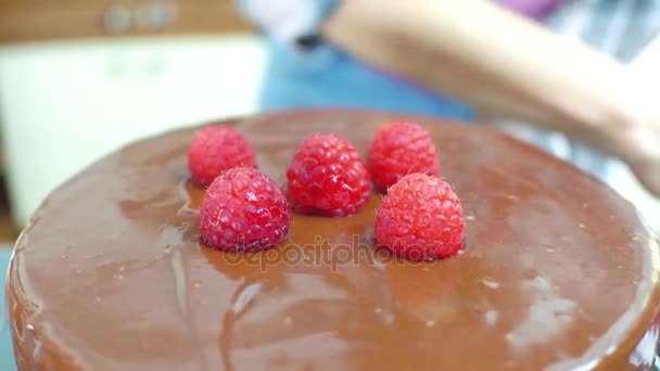 Hermosas manos femeninas colocando frambuesas en pastel de chocolate recién cocinado. Concepto de cocina amateur. Steadicam 4K primer plano disparo — Vídeo de stock