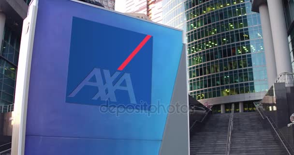 Straßenschilder mit Axa-Logo. modernes Bürozentrum Wolkenkratzer und Treppe Hintergrund. Editorial 4k 3D Rendering — Stockvideo
