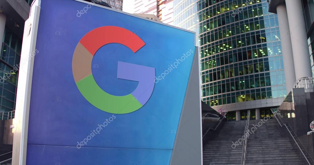Street signage board with Google logo. Modern office center skyscraper and stairs background. Editorial 3D rendering United States