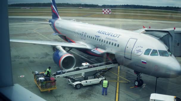 Minsk, Fehéroroszország - November, 25, 2016-ban. Orosz Aeroflot Airbus A320 típusú repülőgéppel utasszállító repülőgép poggyász lerakodás 4k videóinak repülőtéren — Stock videók