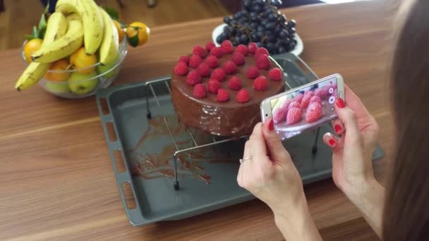 Молодая женщина фотографирует свой свежеприготовленный малиновый торт дома. Дилетантская кухня и концепция совместного использования социальных сетей. 4К выстрел — стоковое видео
