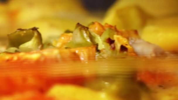 Koken vis en groenten in de oven. 4 k extreme close-up pan schot — Stockvideo