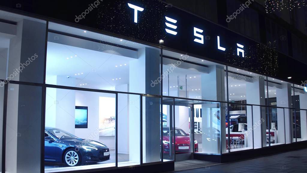 VIENNA, AUSTRIA - DECEMBER, 24 Tesla electric cars showroom at night
