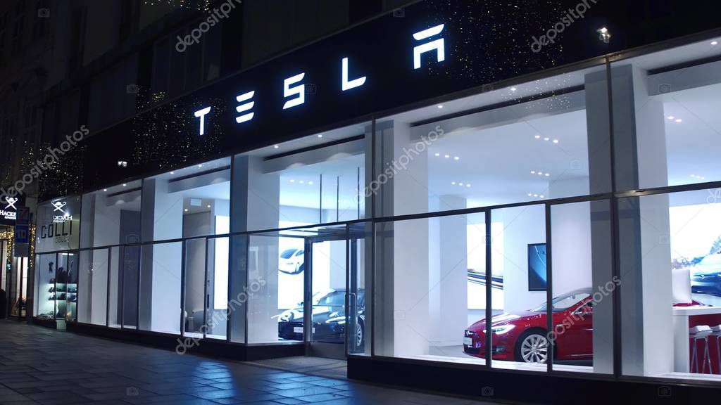 VIENNA, AUSTRIA - DECEMBER, 24 Tesla showroom at night
