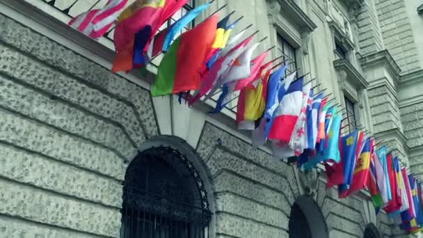 VIENNA, ÁUSTRIA - DEZEMBRO, 24 Pan tiro de diferentes estados e Organização para a Segurança e Cooperação da OSCE na Europa agitando bandeiras. Vídeo 4K — Vídeo de Stock